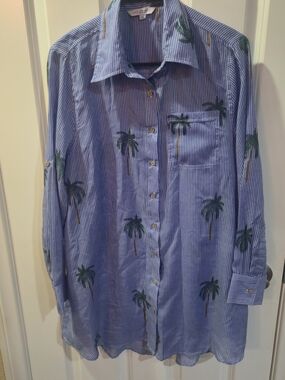 Blue Striped Button-Down Shirt with Green Palm Print Coastal Beachy Resort, M
